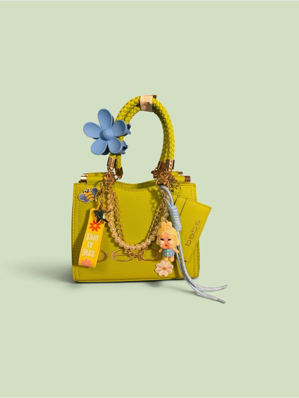 Bebe Lime Green Mini Tote Bag with Charm Accents